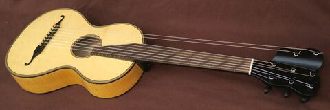 8-string Johann Georg Stauffer replica with spruce top, flamed maple body and Wittner FineTune geared pegs equipped headstock with two floating basses sideways